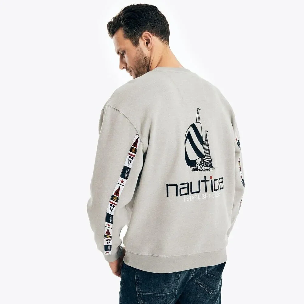 Nautica Mens Grey Sailing Flag Tape Crewneck Sweatshirt Sz XL Retro Preppy
